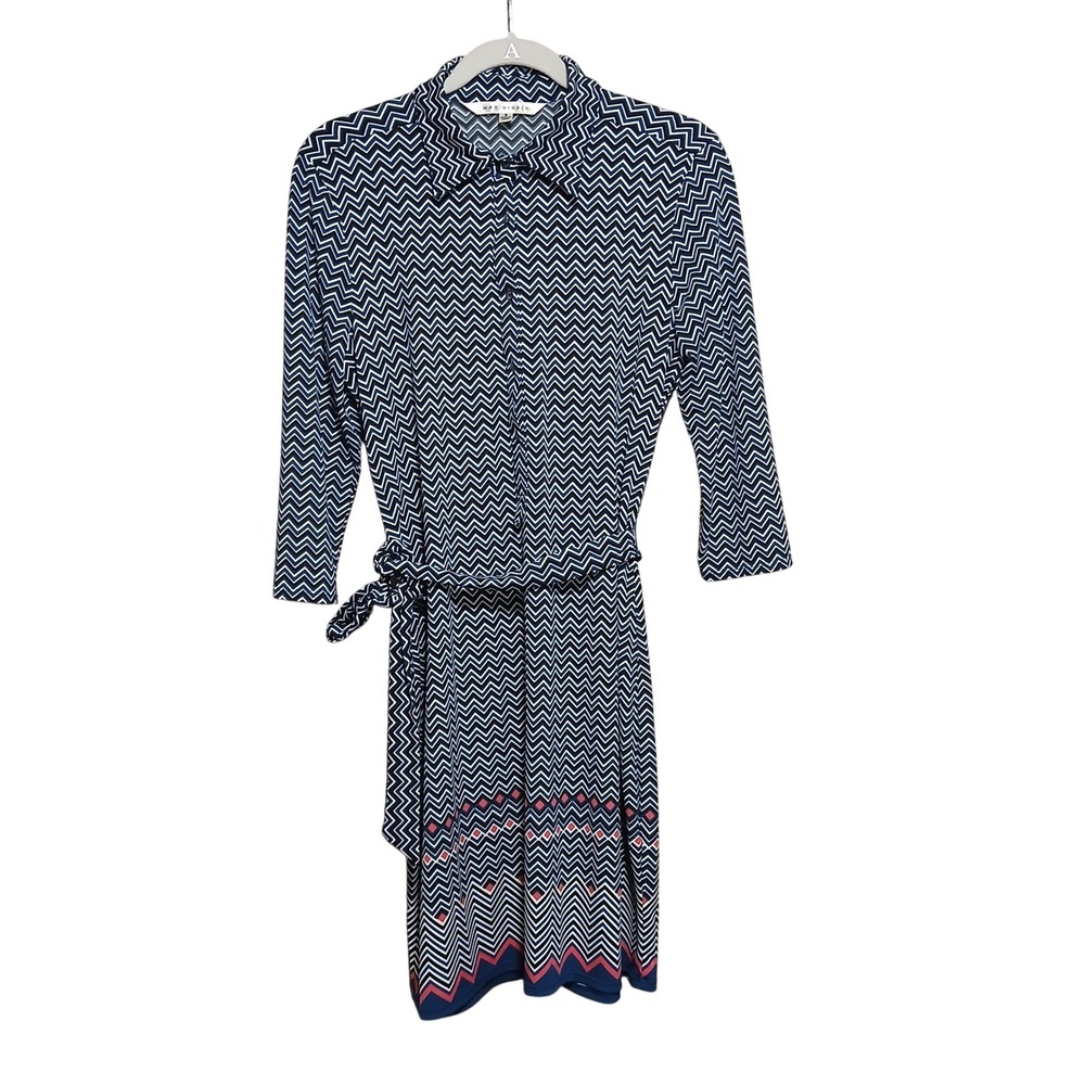 Max Studio Chevron Print Midi Dress Belted Shirt Dress Career Small